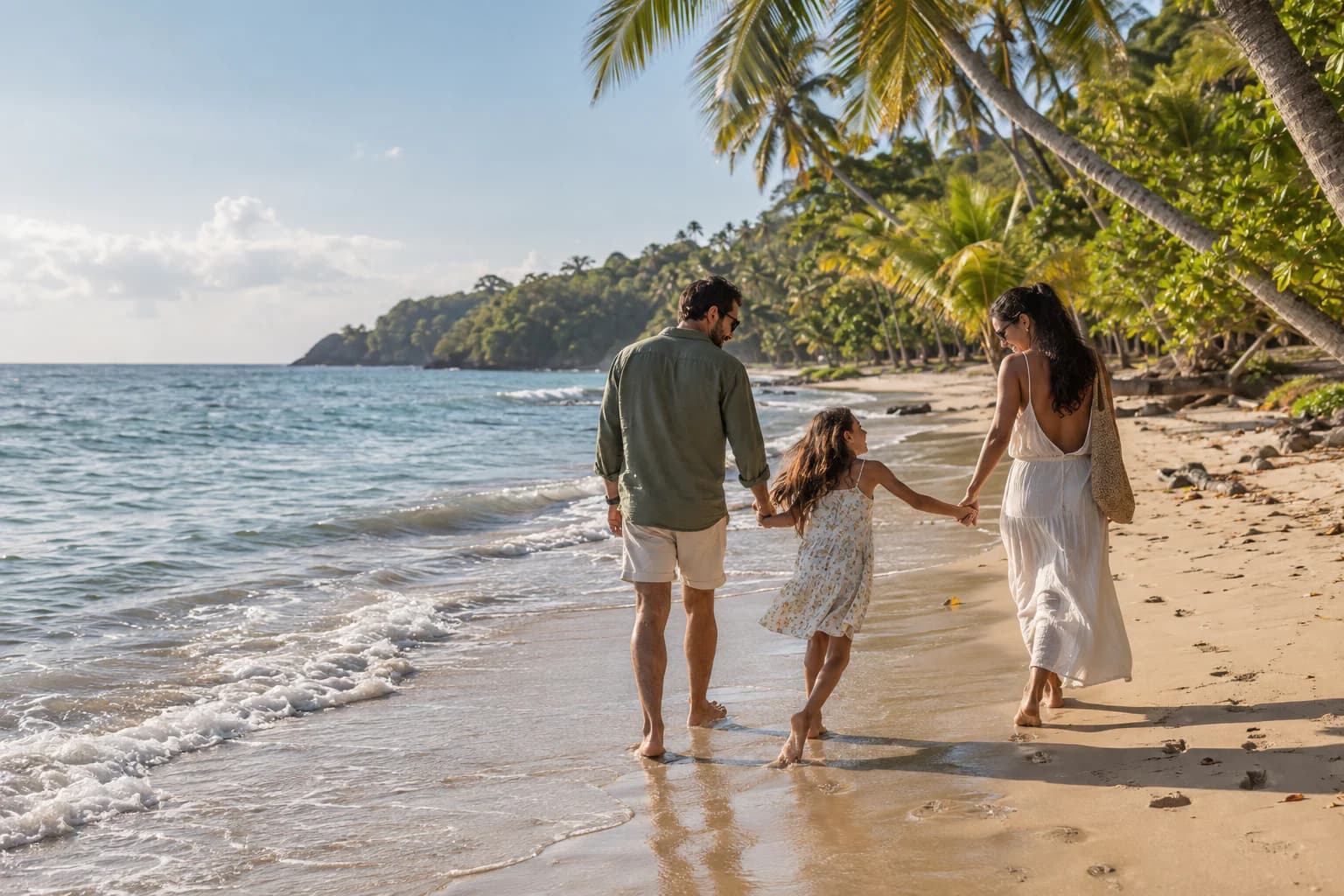 Family walking along a palm-lined Dominican beach